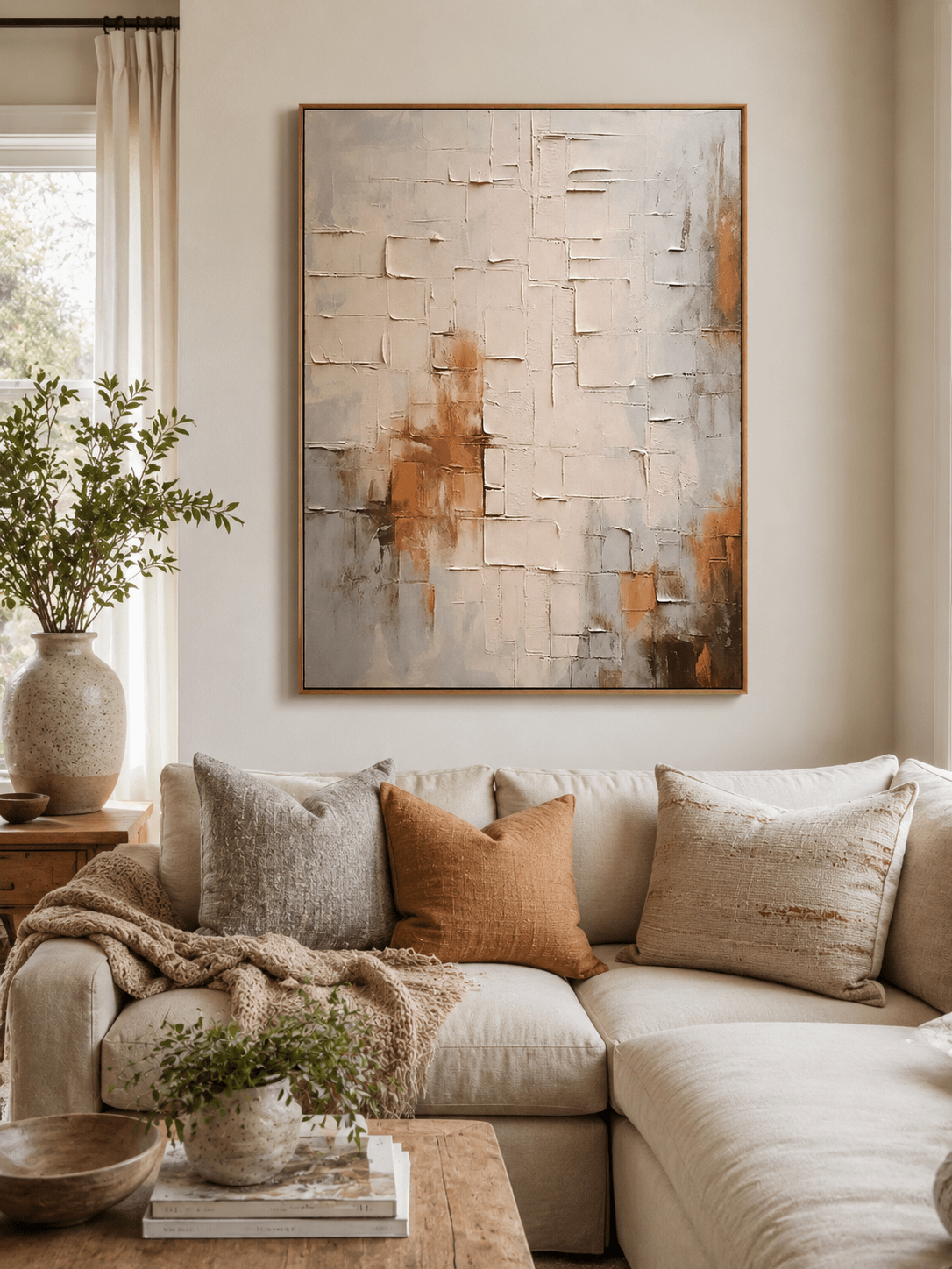 Modern textured abstract wall art with beige, taupe, rust orange and warm brown accents