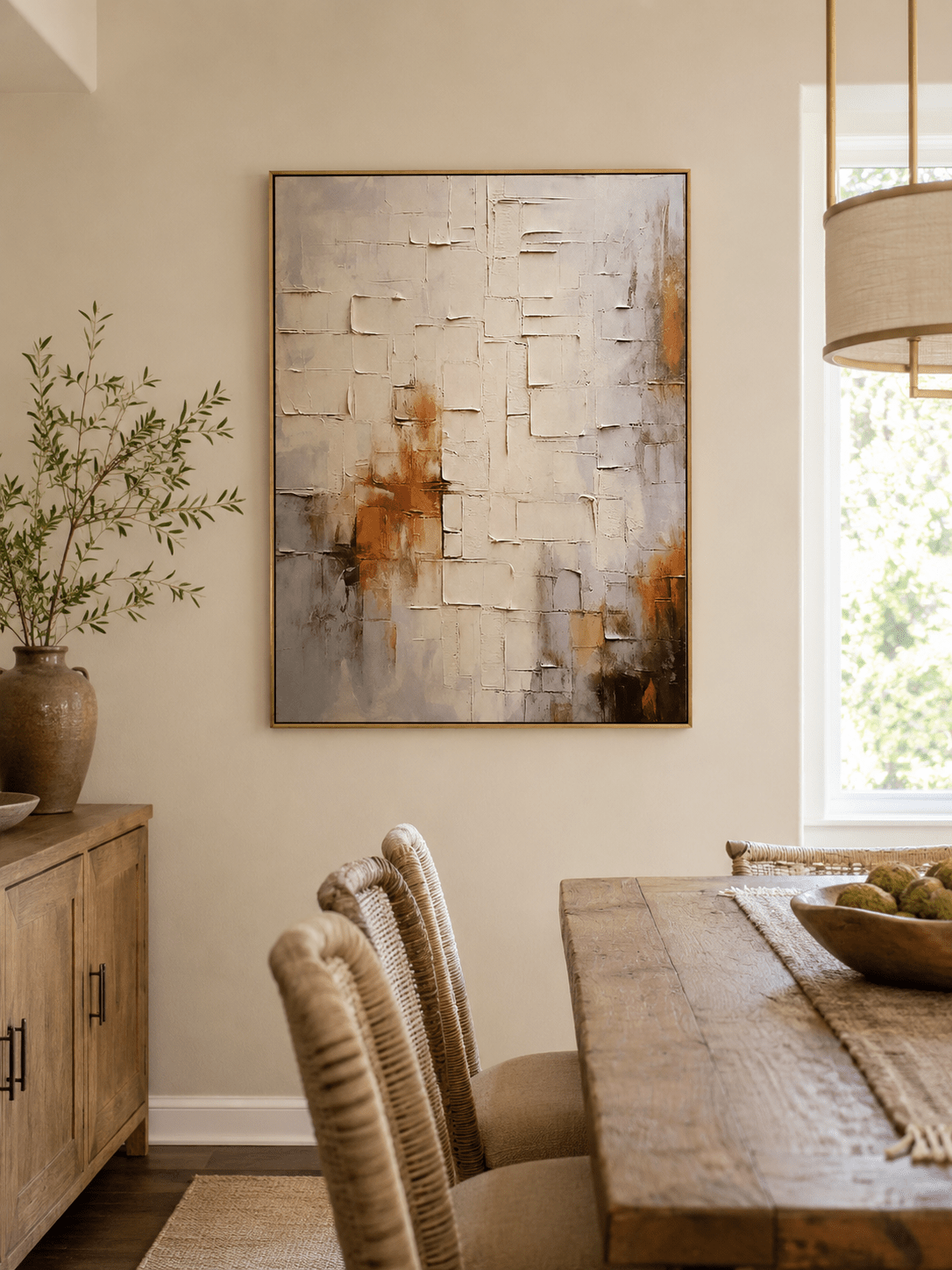Neutral architectural wall art with raised geometric lines and plaster texture