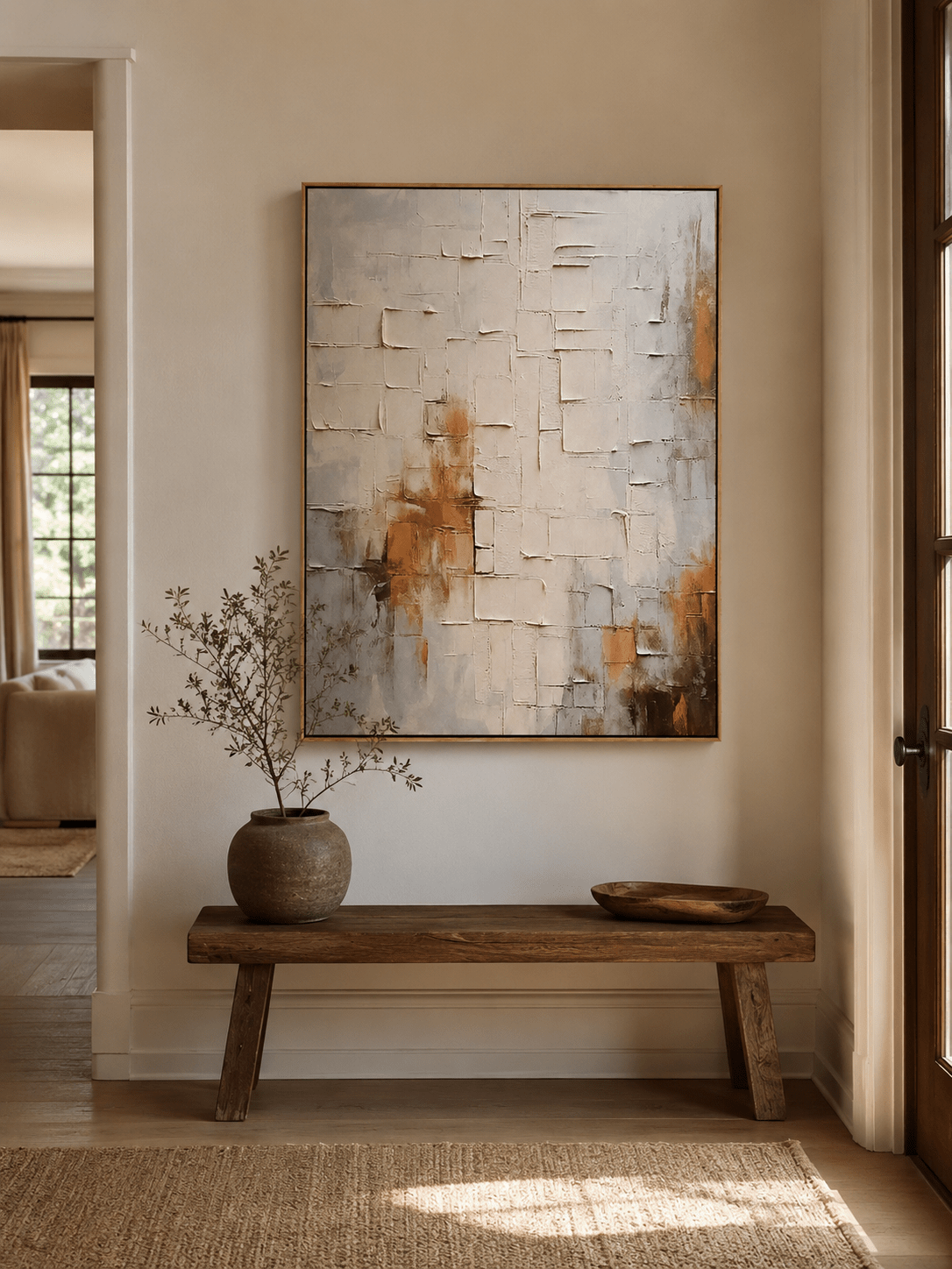 Organic modern wall art with 3D texture and warm abstract grid composition