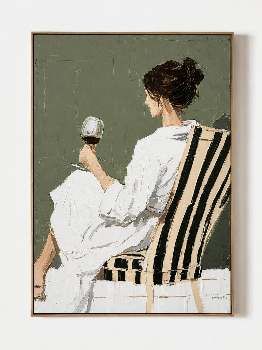Hand painted modern figurative wall art of a woman in white holding a wine glass EH#0282 — front view.