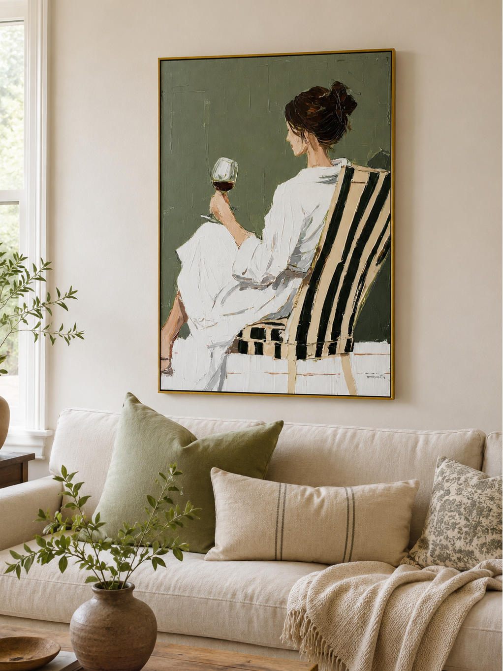 Sage green figurative wall art displayed in a modern neutral living room