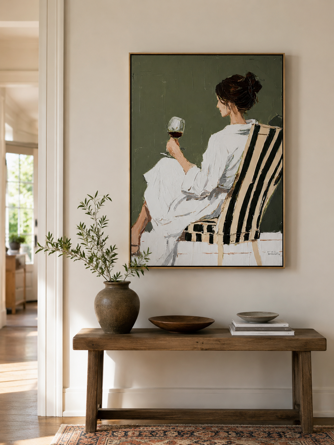 Modern woman wall art with sage green background and expressive impasto texture
