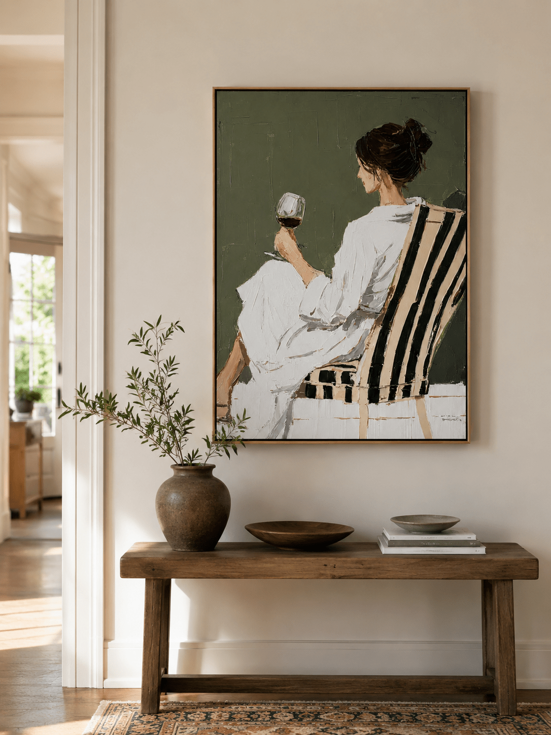 Modern woman wall art with sage green background and expressive impasto texture EH#0282 — styled display view 4.