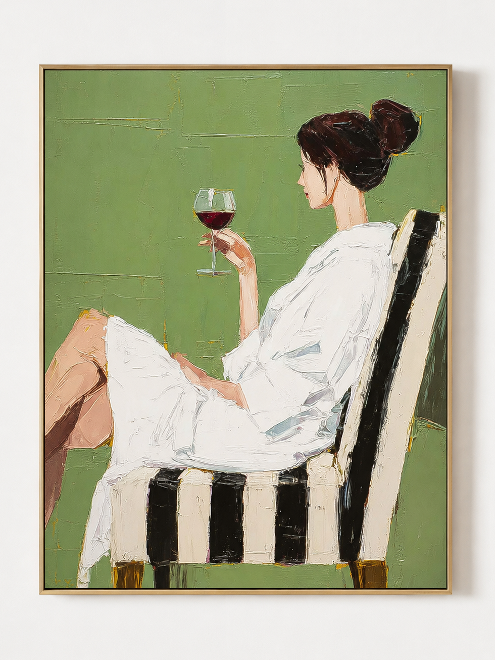 Hand painted modern figurative wall art of a woman in white holding a wine glass against a sage green background by Eleanor Hayes