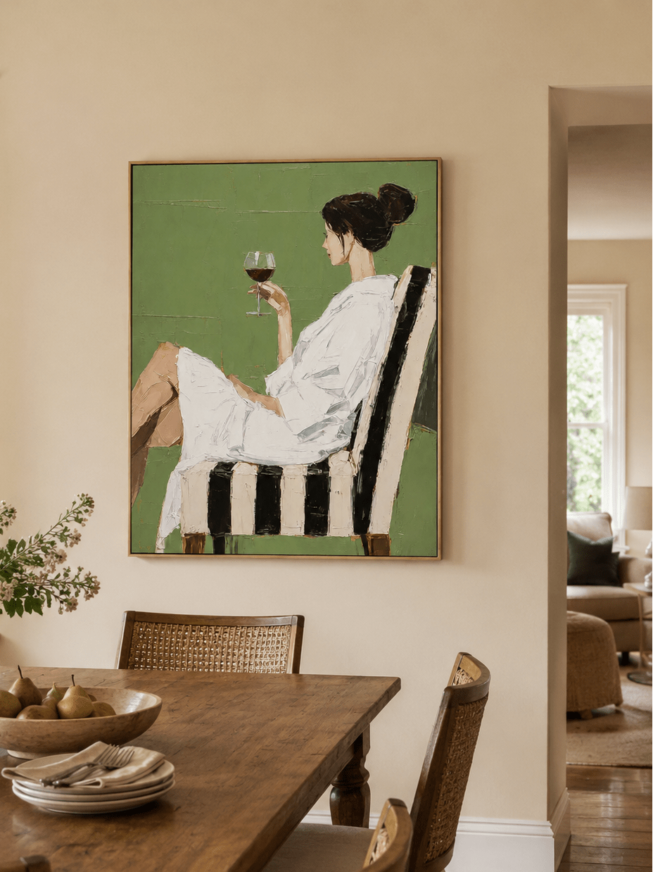 Hand painted figurative canvas of an elegant seated woman holding a wine glass EH#0283 — styled display view 3.