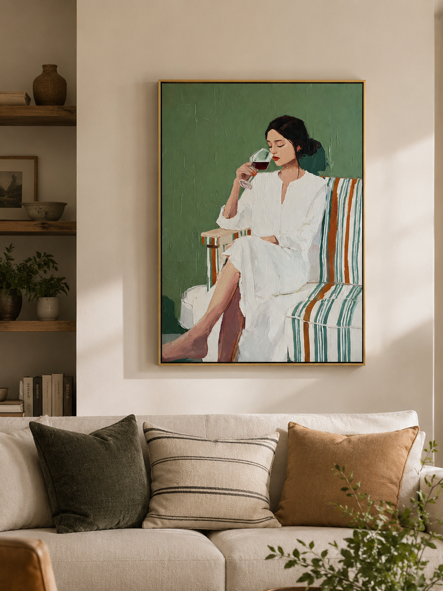 Sage green figurative wall art displayed in a modern neutral living room