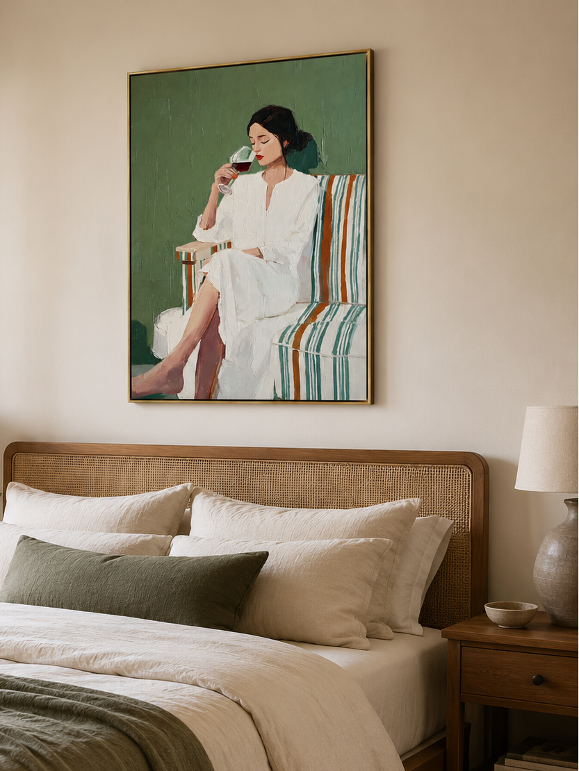 Modern woman wall art with deep sage green background and expressive impasto texture