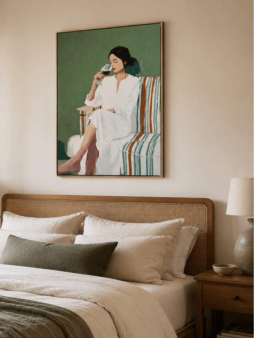 Modern woman wall art with deep sage green background and expressive impasto texture