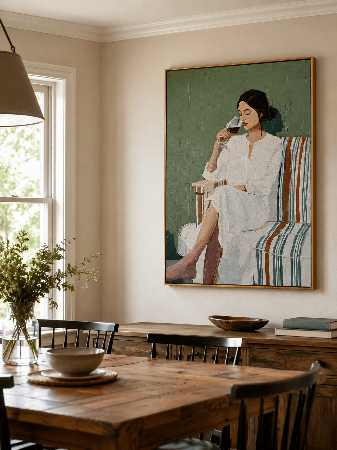 Woman with wine painting styled in a contemporary dining room interior EH#0284 — styled display view 3.