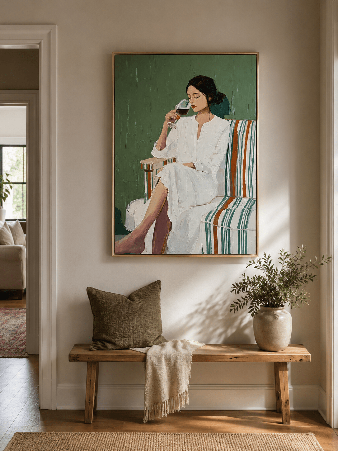 Hand painted figurative canvas of an elegant seated woman holding a wine glass EH#0284 — styled display view 4.