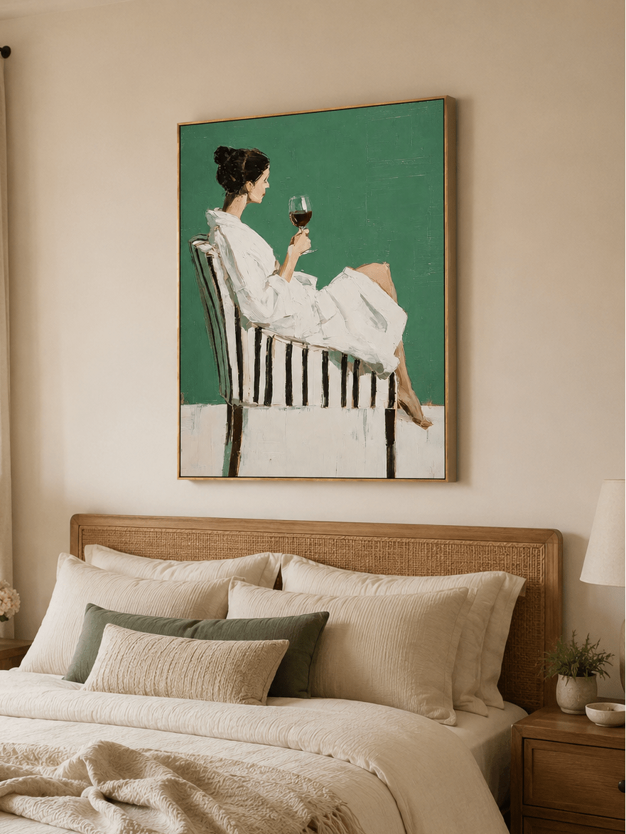 Modern woman wall art with emerald green background and expressive impasto texture