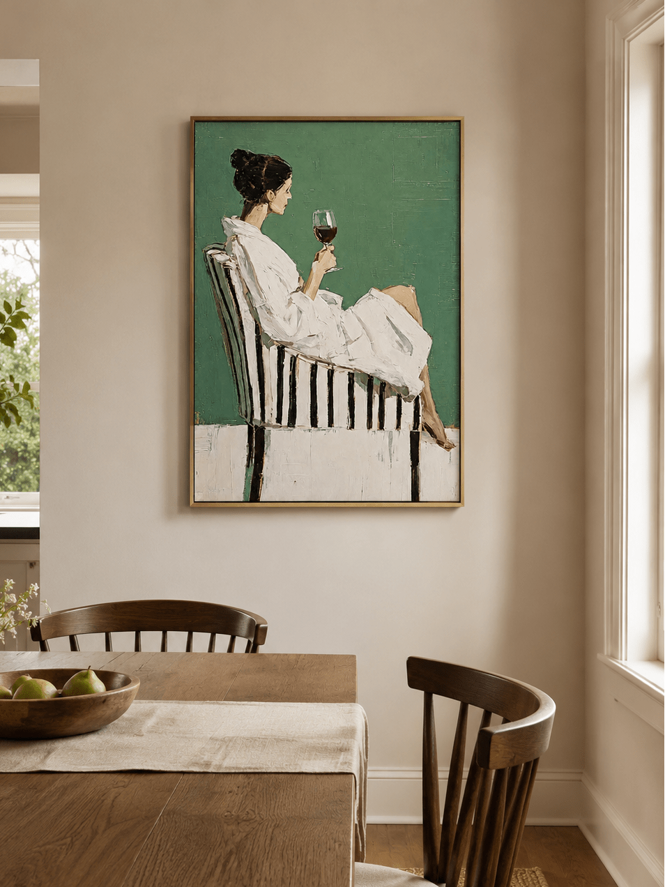Woman with wine painting styled in a contemporary dining room interior