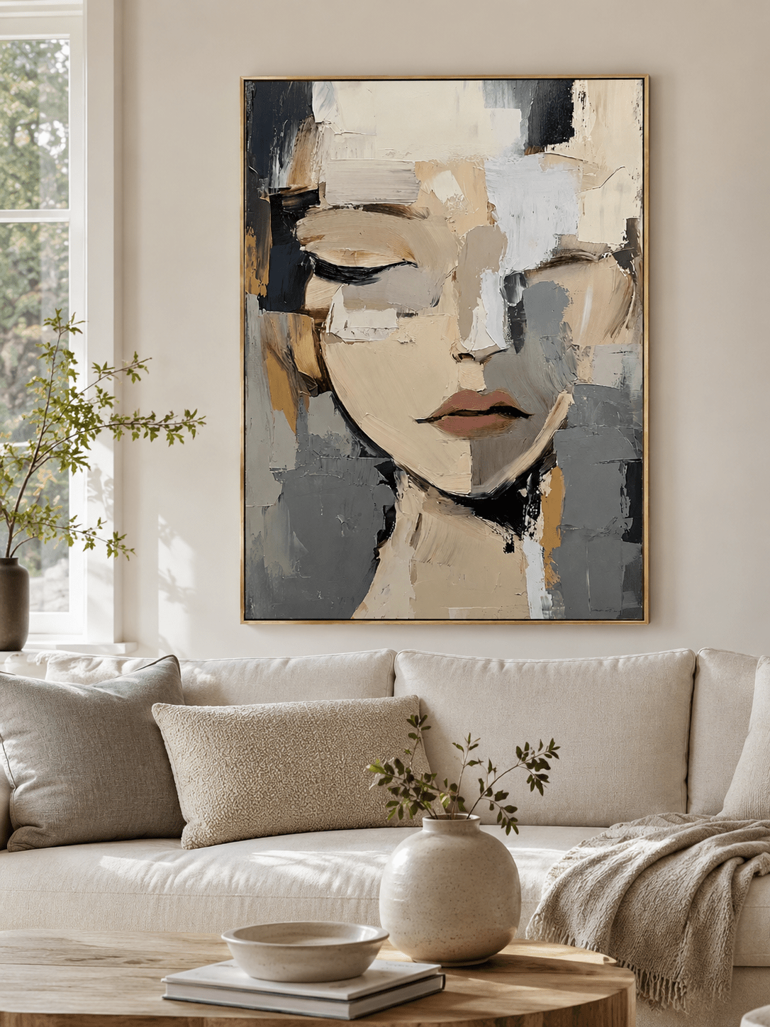 Modern abstract portrait wall art displayed in a neutral contemporary living room