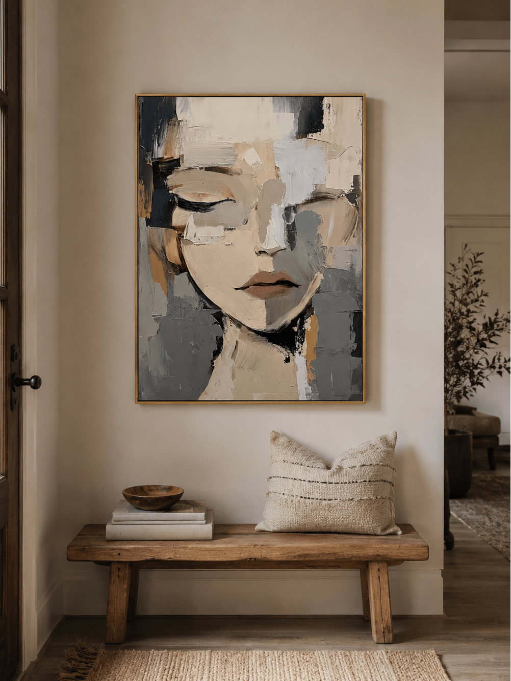 Contemporary abstract woman portrait displayed above a modern entryway console