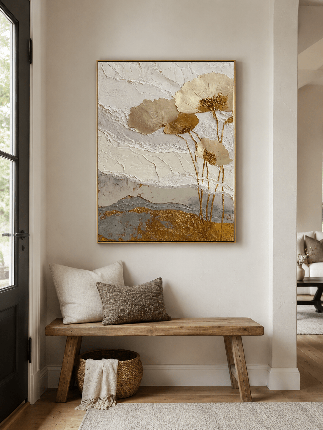 Modern textured floral wall art with sculptural cream blooms and warm gold accents