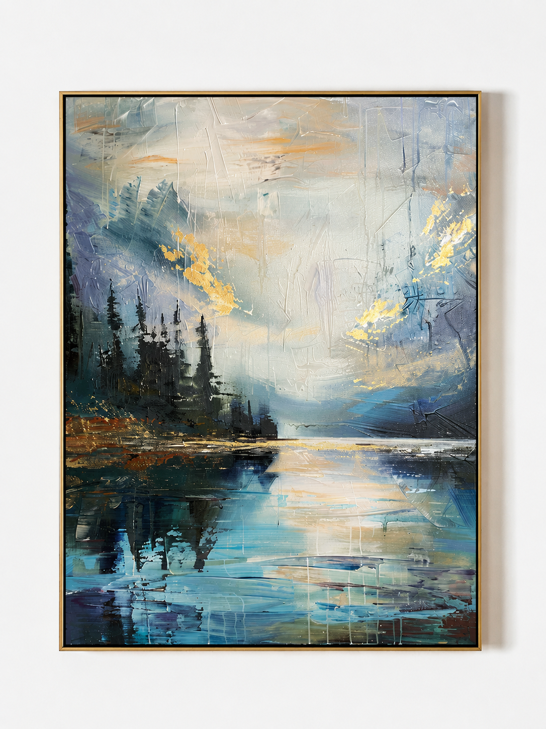 Hand painted textured mountain lake wall art with blue forest reflections and warm golden light by Evelyn Li