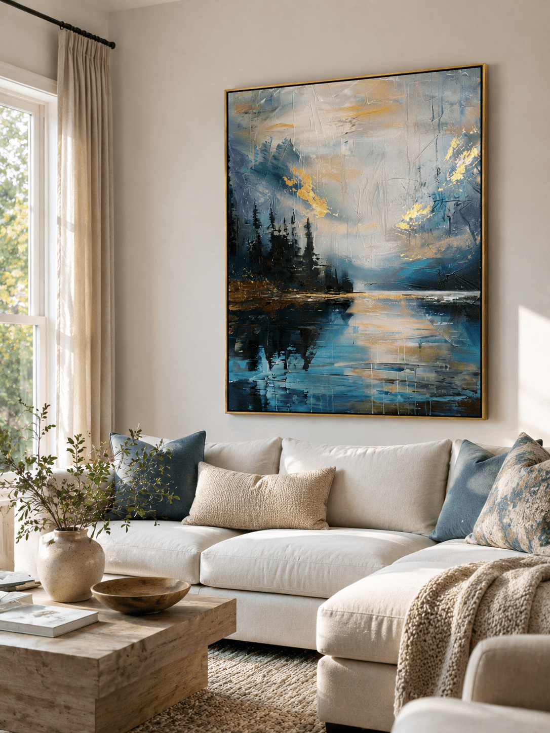 Textured mountain lake wall art displayed in a modern neutral living room
