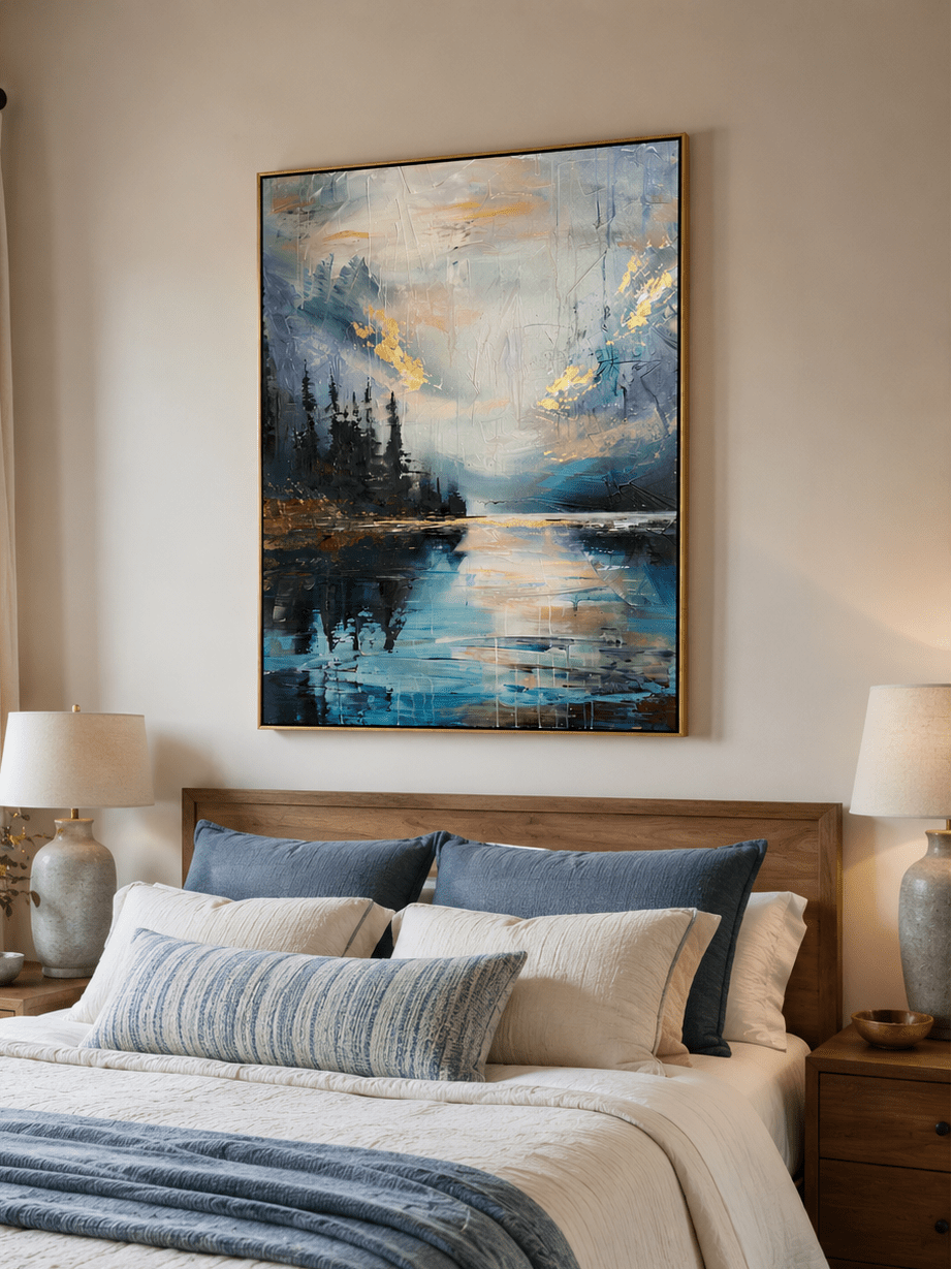 Blue landscape canvas styled above a bed in a calm contemporary bedroom