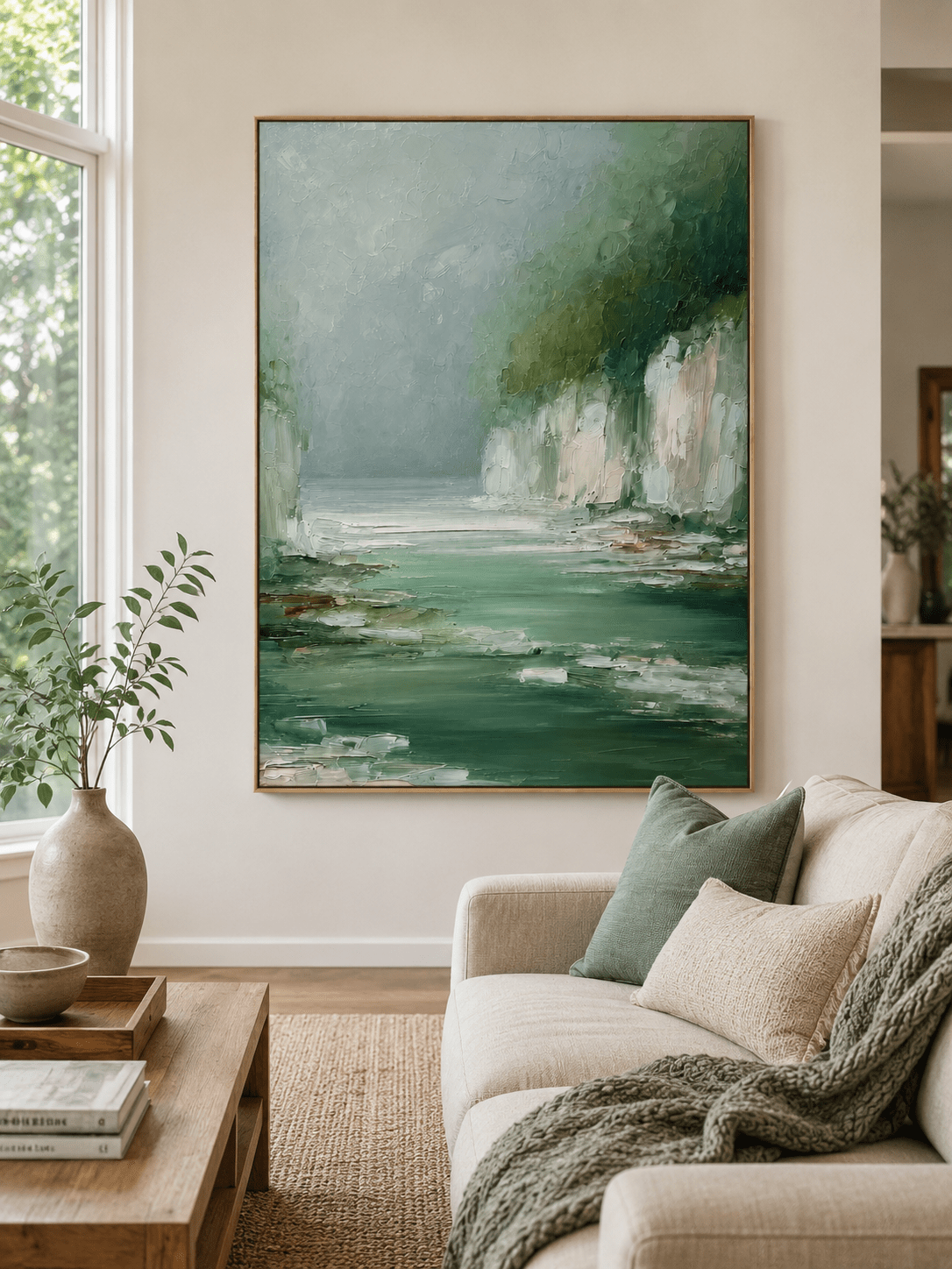 Green landscape wall art displayed in a modern neutral living room
