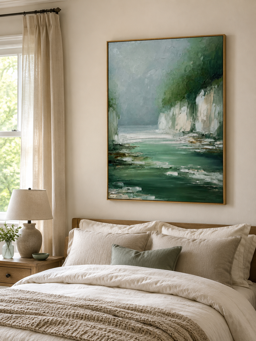 Emerald river canvas styled above a bed in a calm contemporary bedroom