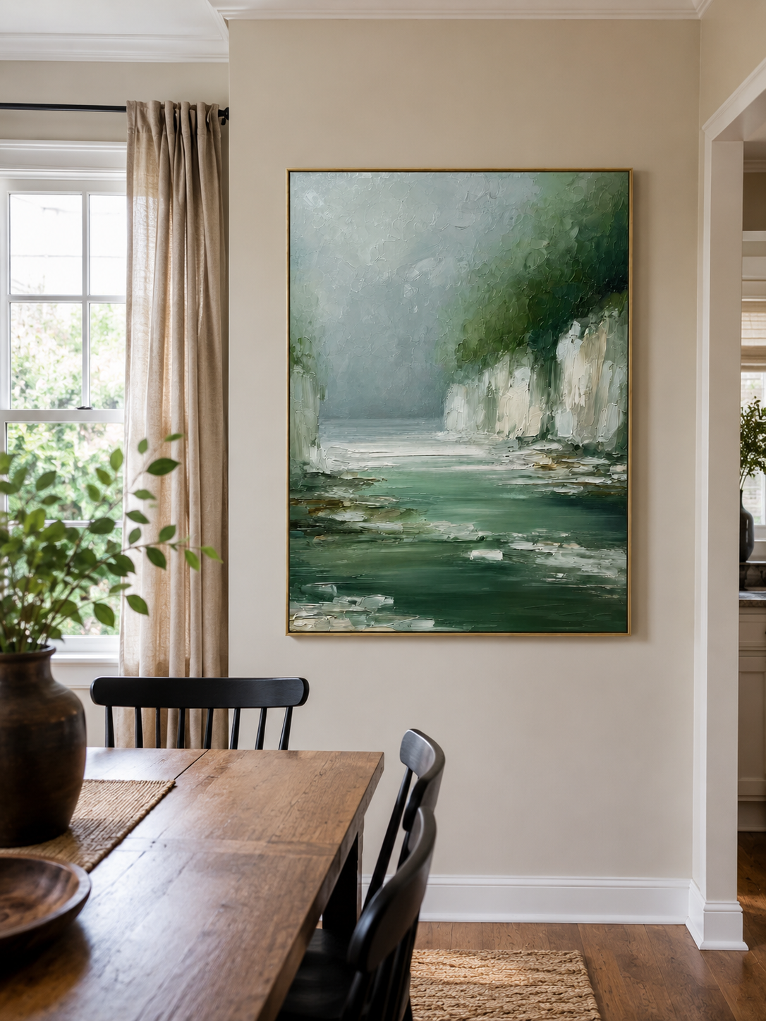 Modern green landscape painting with misty river gorge and textured forest cliffs