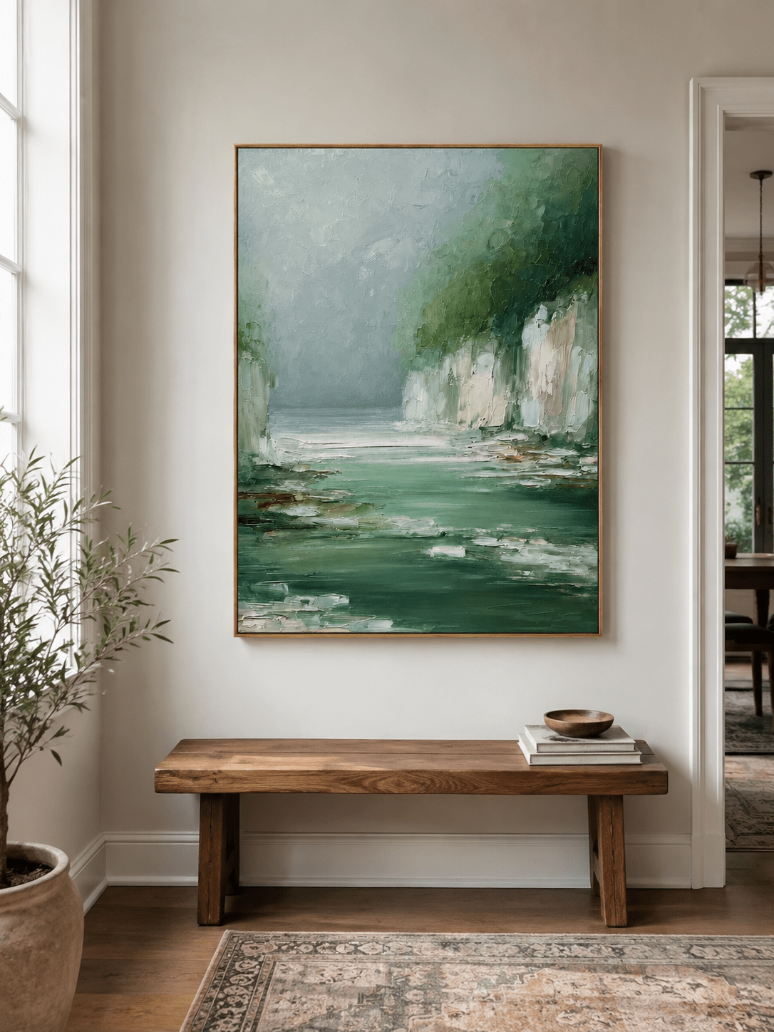 Close-up of palette knife texture on emerald river landscape painting by Evelyn Li