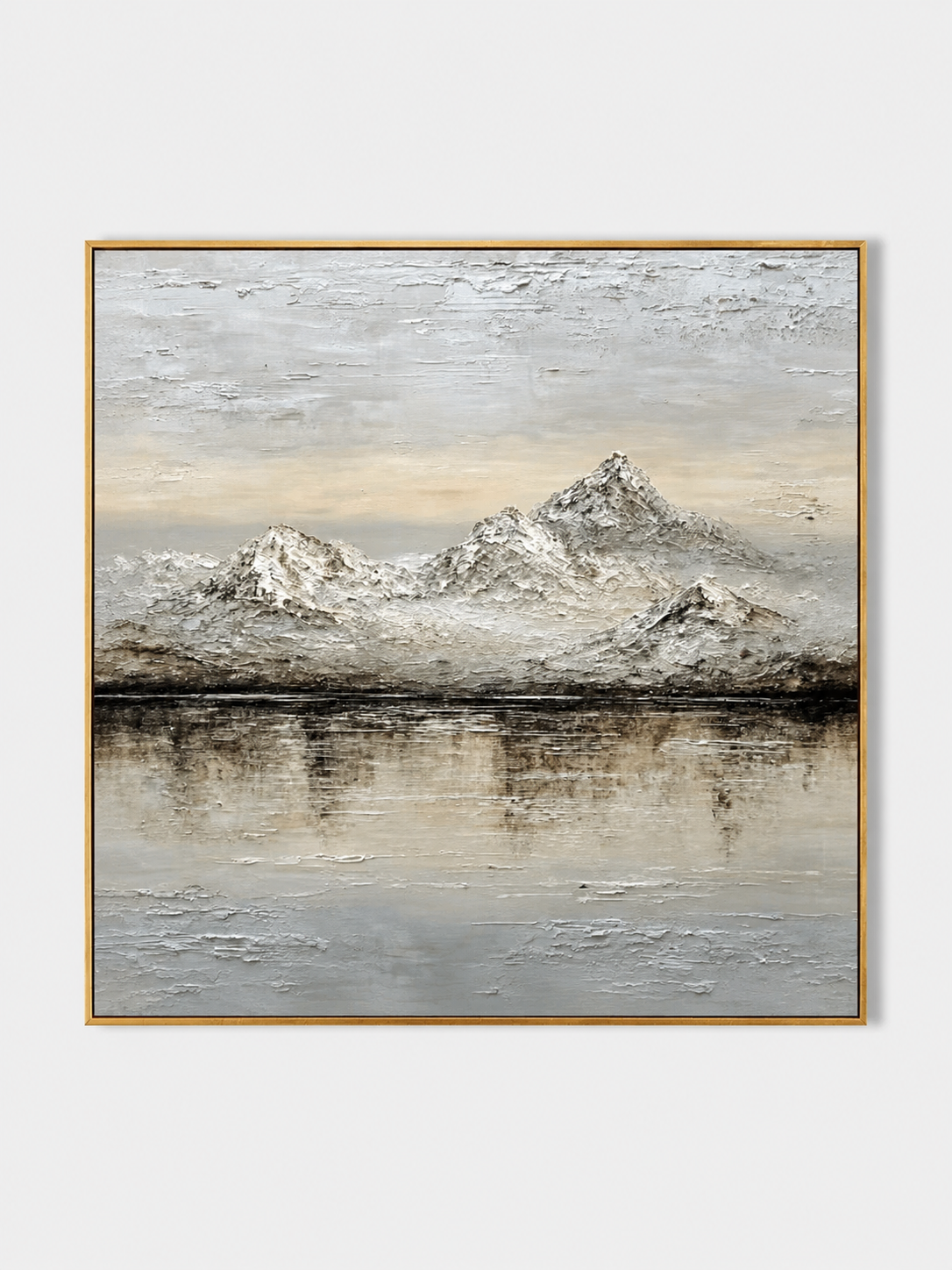 Hand-painted wabi-sabi textured mountain lake wall art in ivory, beige and gray by Evelyn Li