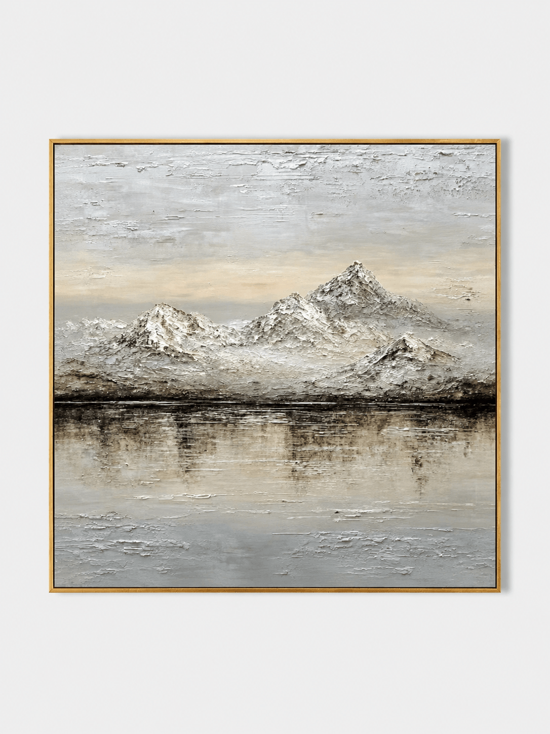Hand-painted wabi-sabi textured mountain lake wall art in ivory, beige and gray by Evelyn Li