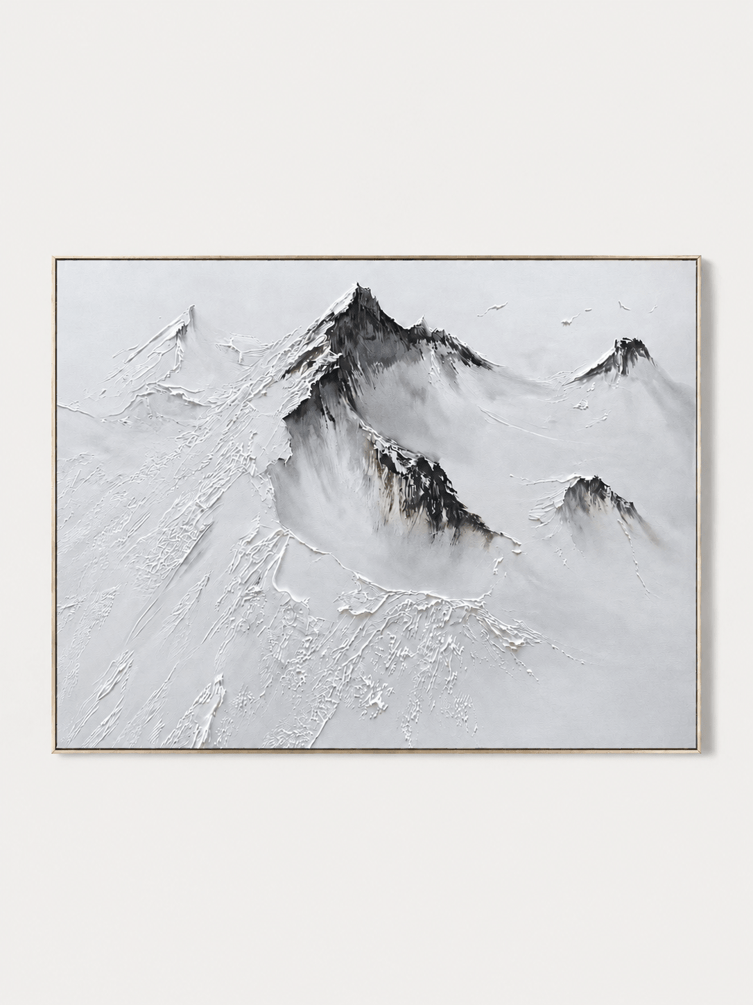 Hand-painted minimalist textured snow mountain wall art in white, gray and black by Evelyn Li