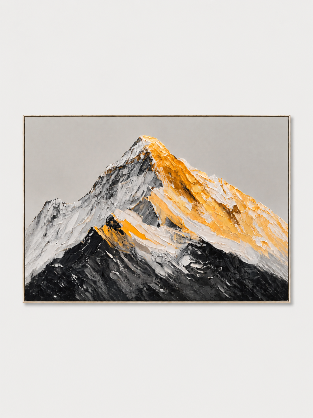 Hand-painted black and gold impasto mountain wall art by Evelyn Li on a white background