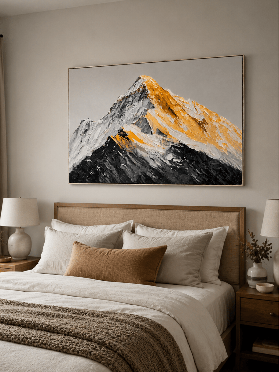 Impasto golden mountain wall art displayed above a bed in a warm modern bedroom
