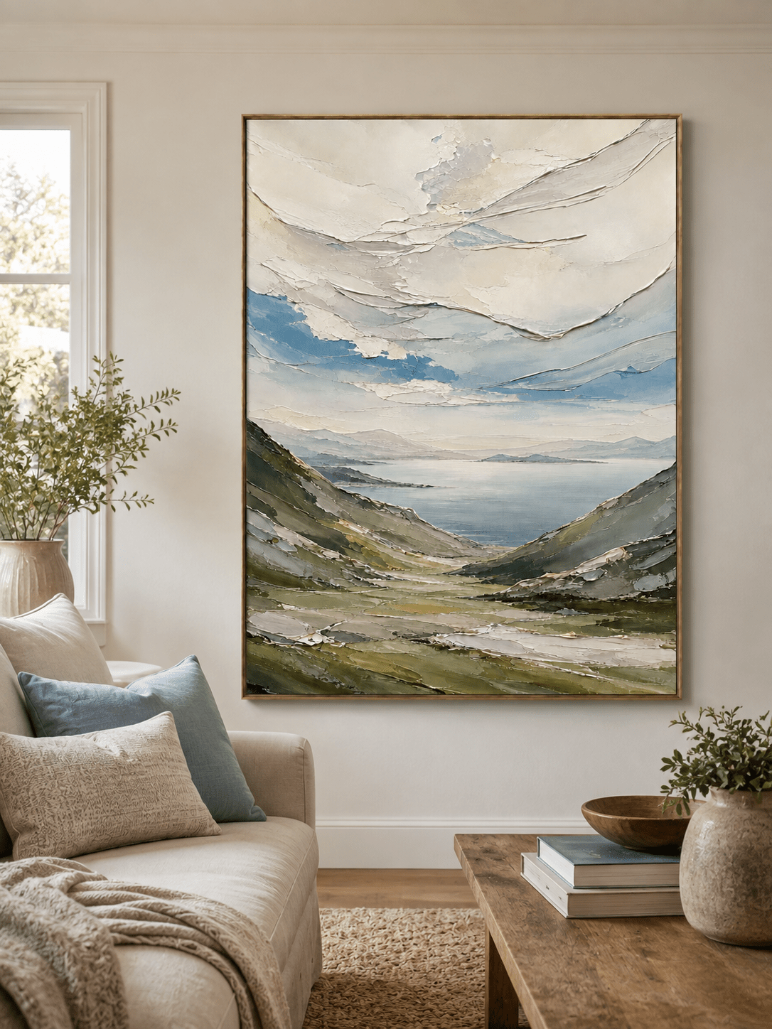 Textured mountain valley painting above a neutral sofa in an organic modern living room