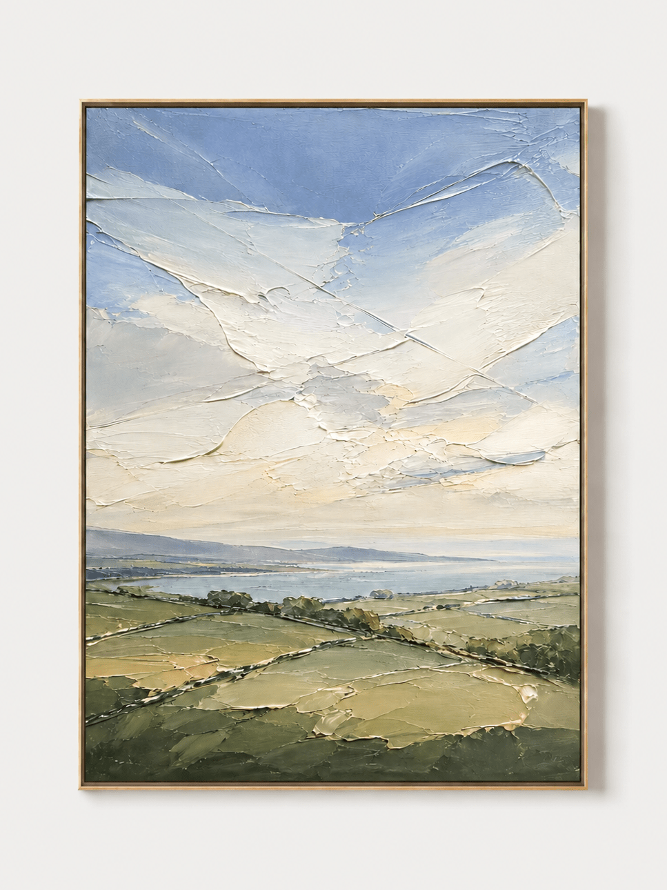 Hand-painted sage green textured landscape wall art with rolling hills and blue sky by Evelyn Li