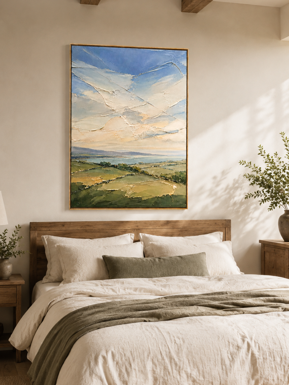 Textured green countryside wall art displayed above a bed in a calm modern bedroom