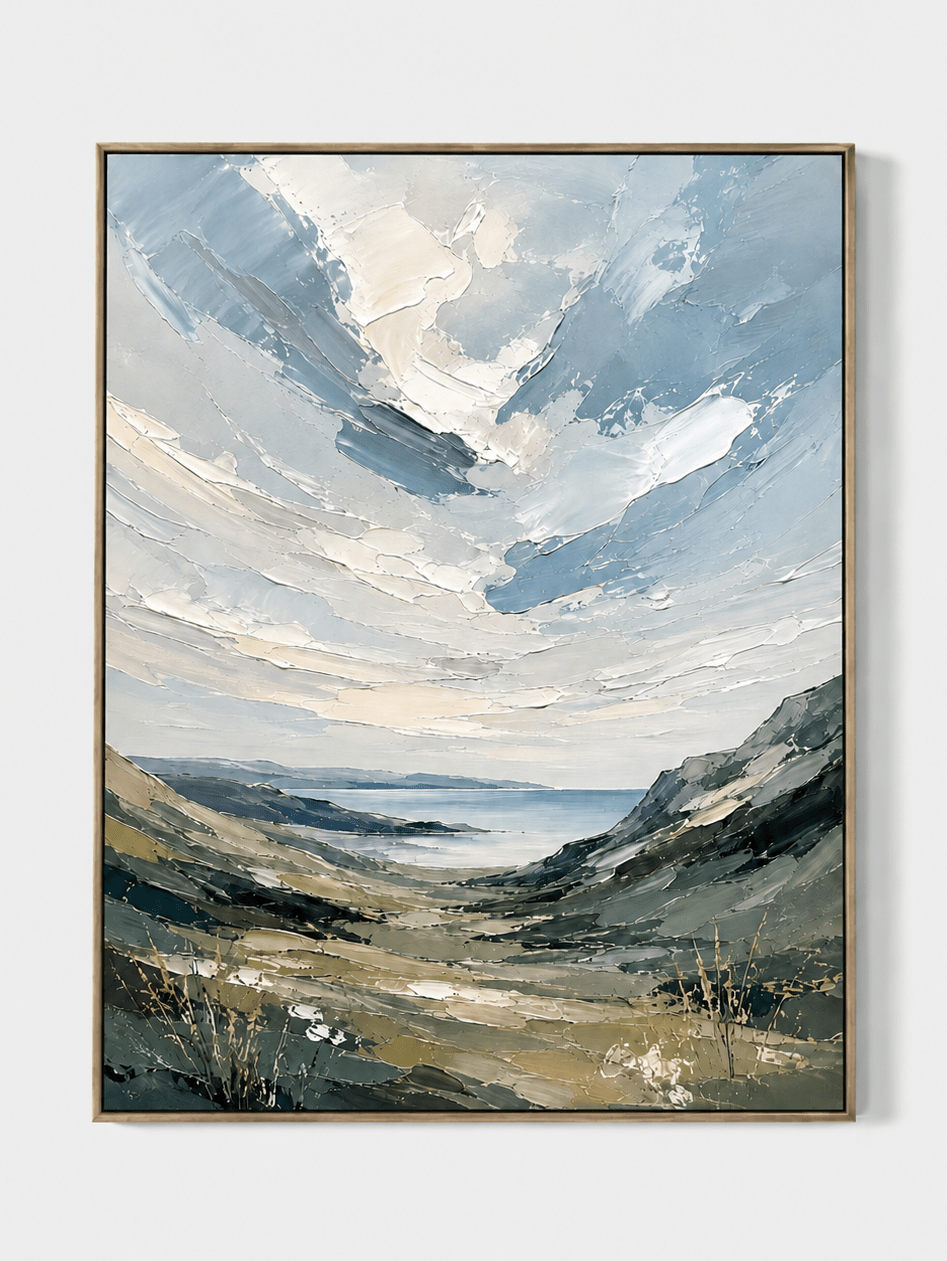 Hand-painted textured coastal landscape wall art with green hills and distant blue sea by Evelyn Li