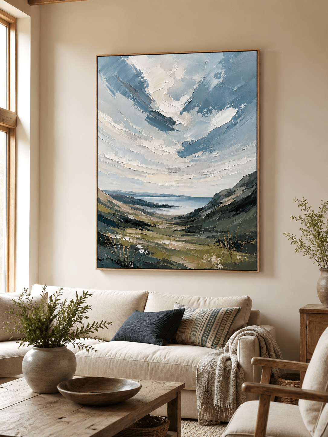 Sage green coastal landscape painting above a cream sofa in an organic modern living room