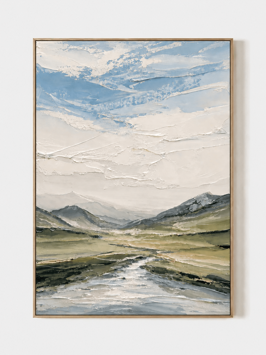 Hand-painted textured mountain valley landscape wall art in soft blue, ivory, sage green and gray on a white background