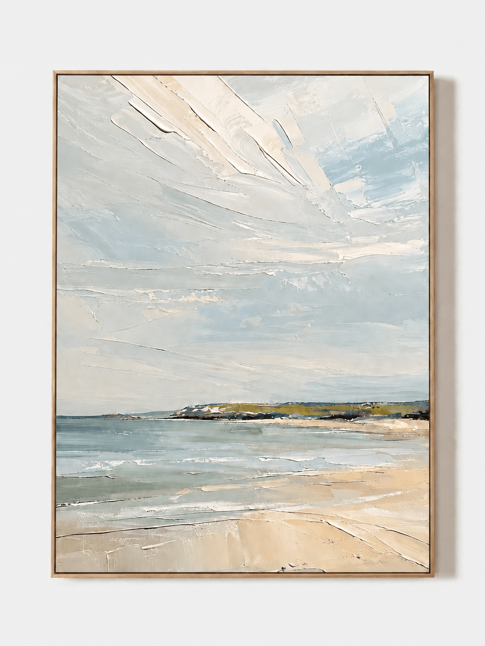 Hand-painted textured coastal beach wall art in soft blue, ivory and sandy neutral tones on a white background