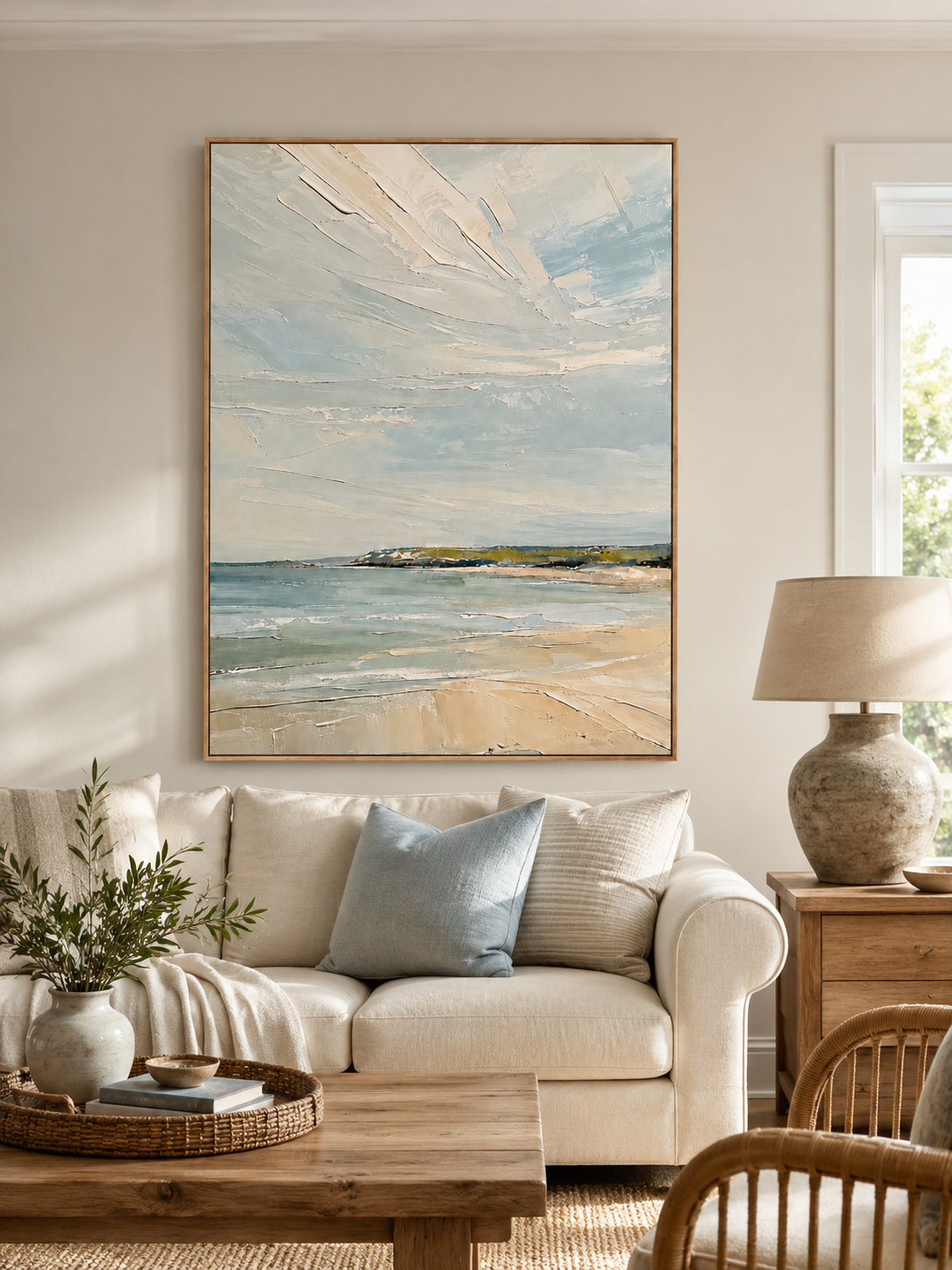 Modern textured coastal wall art by Evelyn Li displayed above a neutral sofa in a contemporary living room