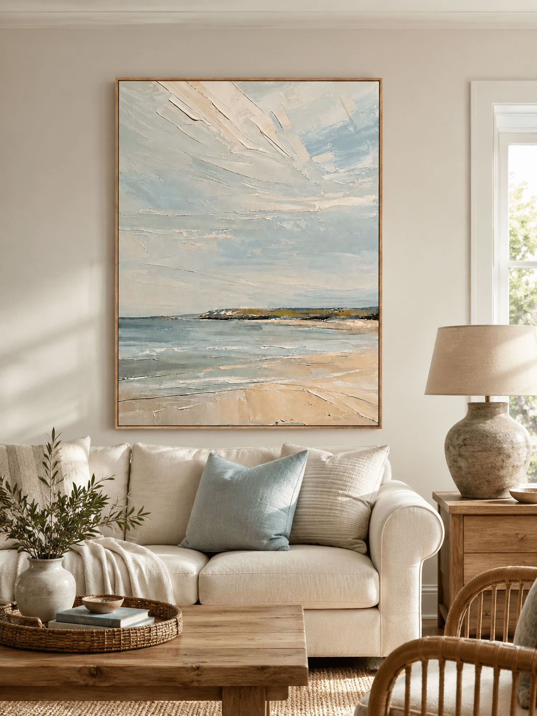 Modern textured coastal wall art by Evelyn Li displayed above a neutral sofa in a contemporary living room