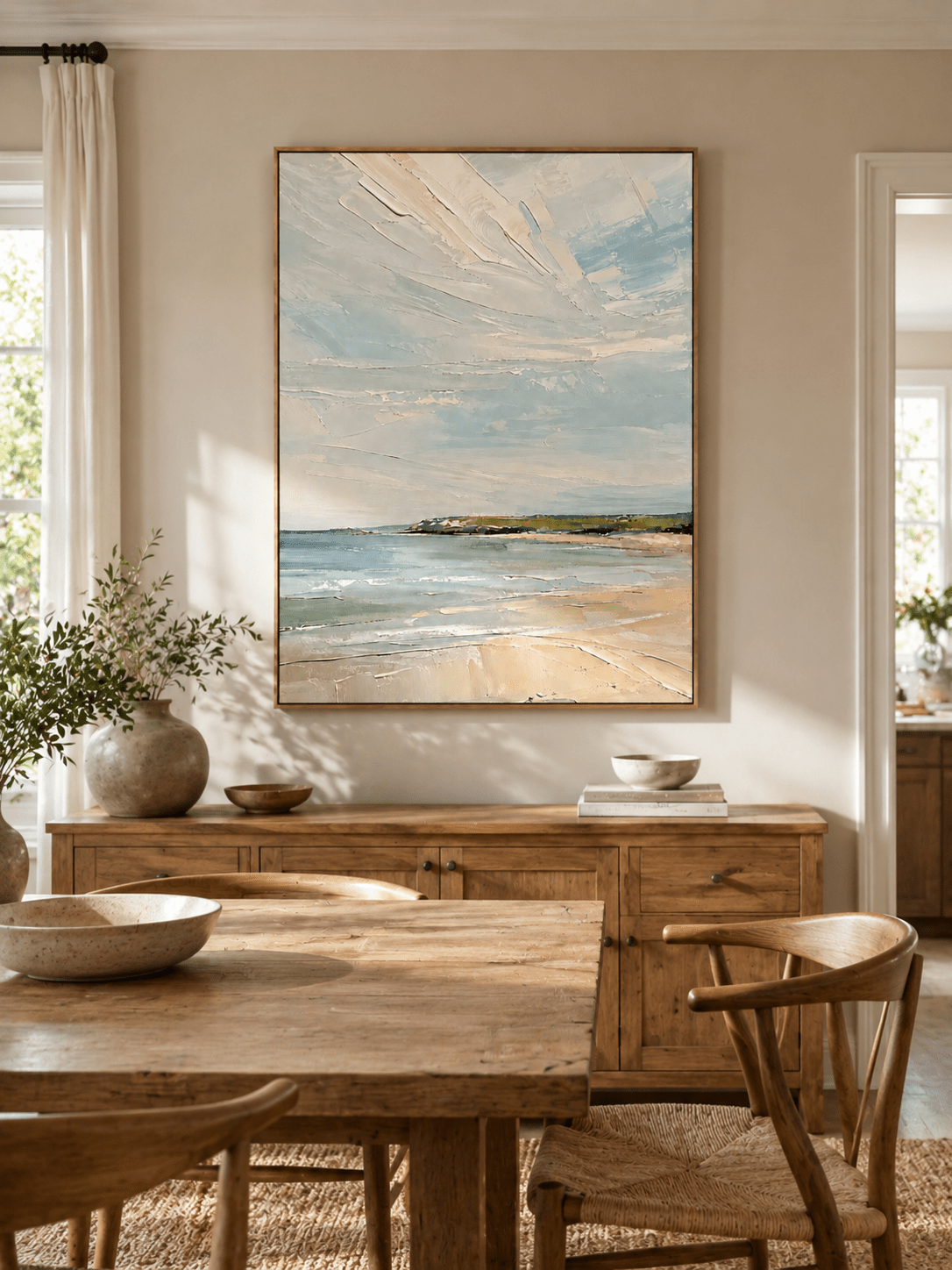 Hand-painted textured ocean wall art displayed in a modern open-plan dining room with neutral decor