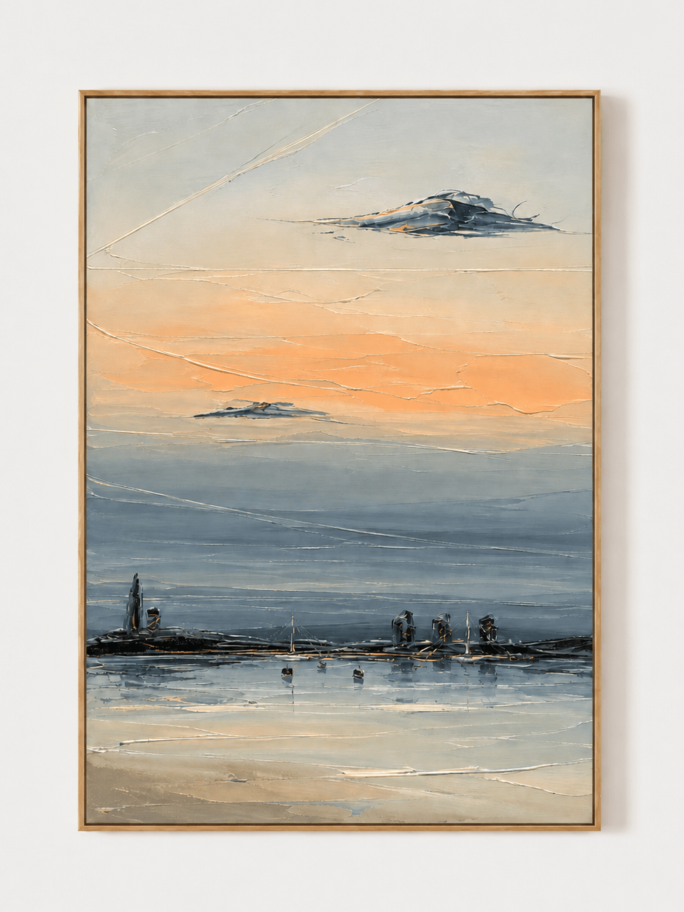 Hand-painted textured coastal sunset wall art with blue water, peach sky and quiet harbor on a white background