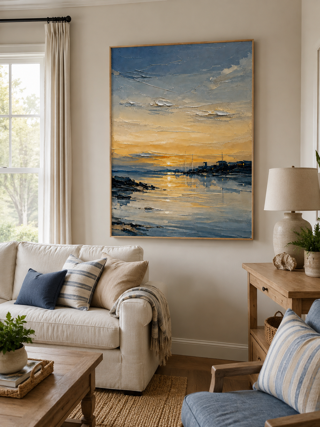 Modern textured coastal sunset painting by Evelyn Li displayed above a neutral sofa in a contemporary living room