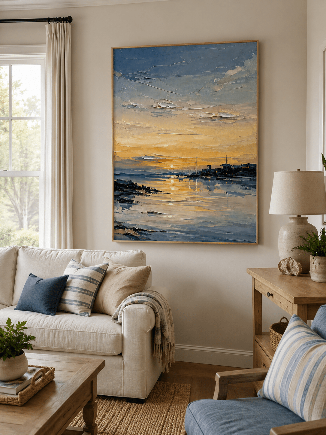 Modern textured coastal sunset painting by Evelyn Li displayed above a neutral sofa in a contemporary living room