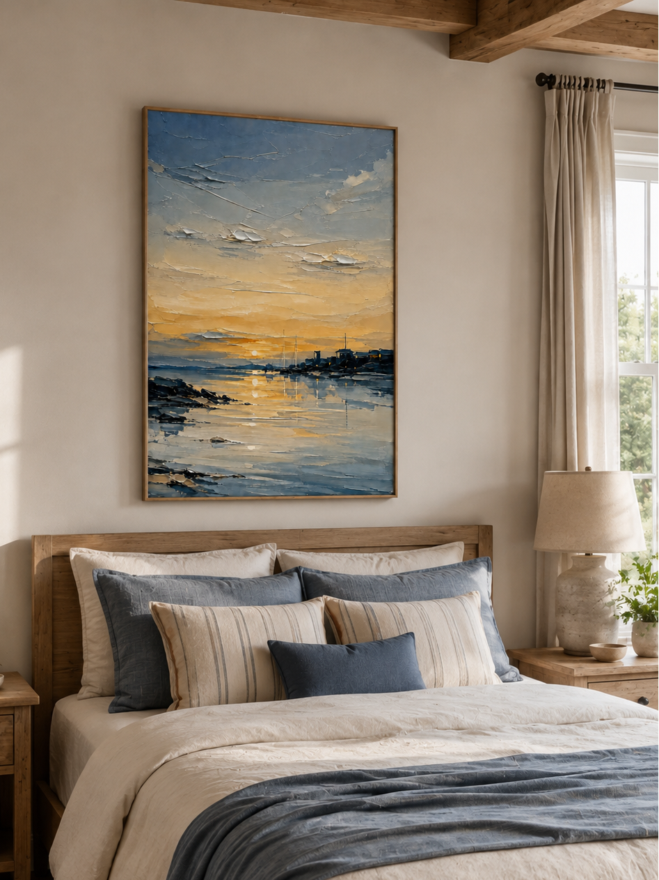 Blue and gold seascape wall art displayed above the bed in a calm neutral modern bedroom