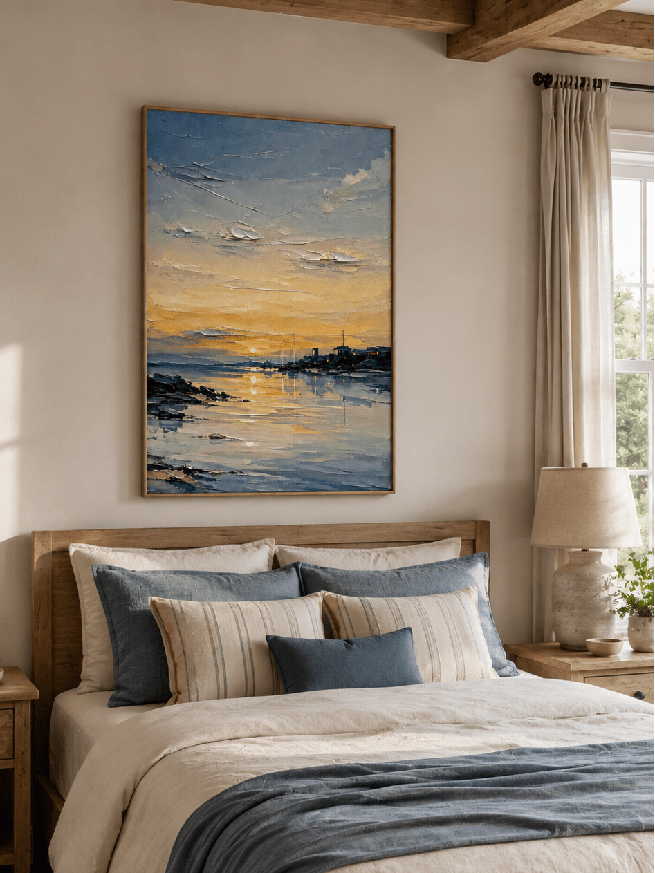 Blue and gold seascape wall art displayed above the bed in a calm neutral modern bedroom
