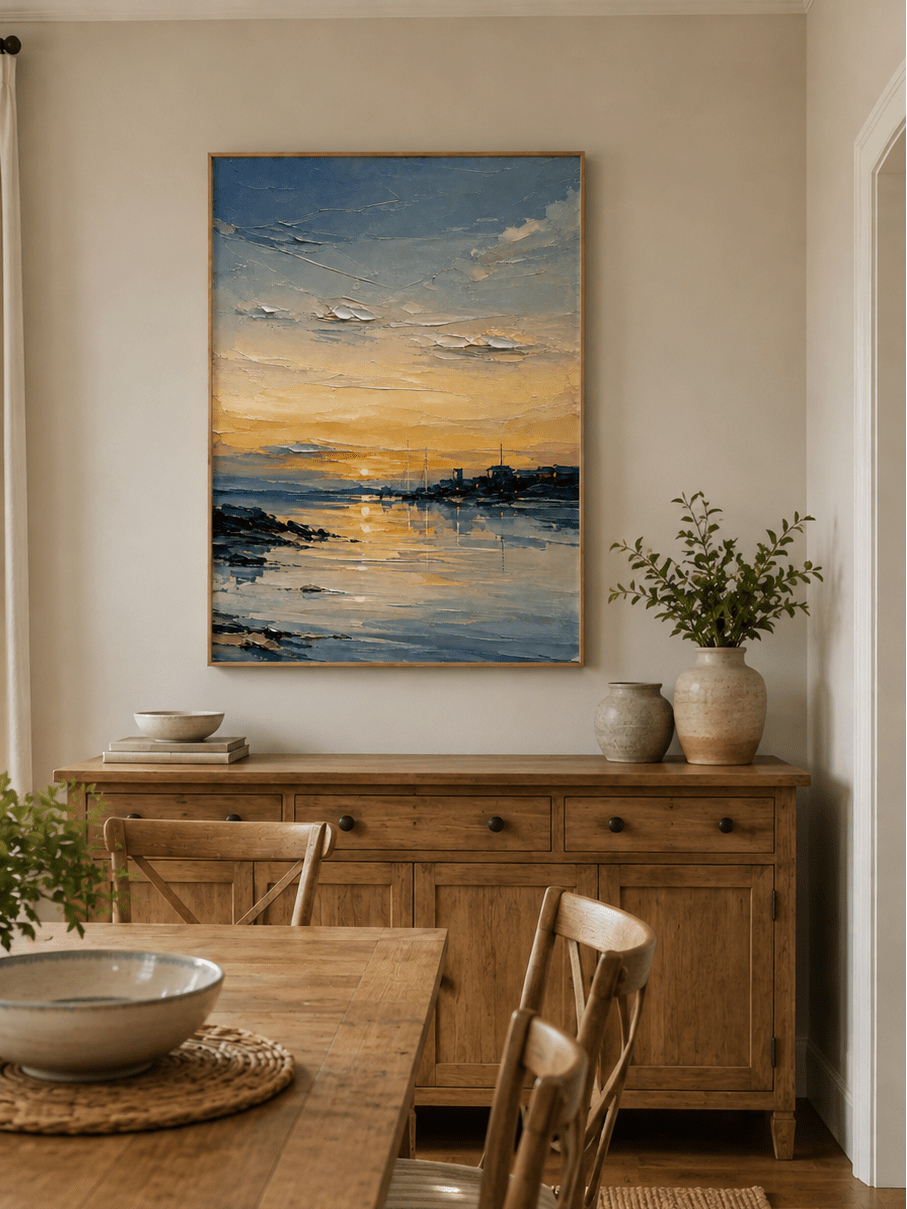 Hand-painted textured harbor wall art displayed in a modern open-plan dining room with natural wood decor