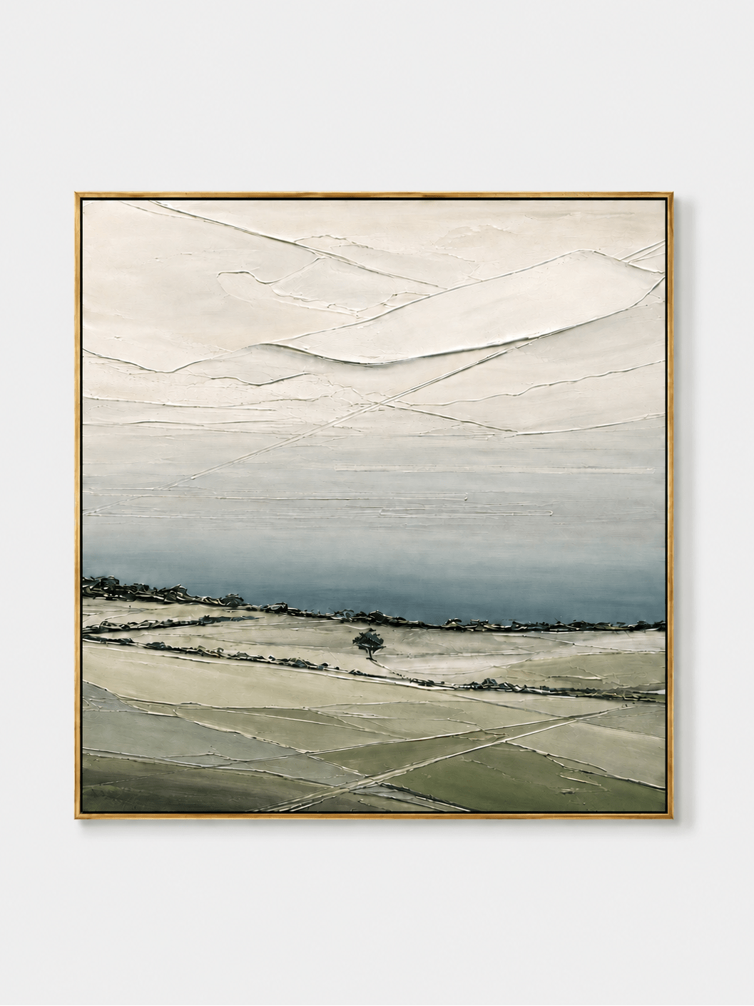 Hand-painted minimalist textured countryside landscape wall art with sage green fields, ivory sky and a lone tree on a white background