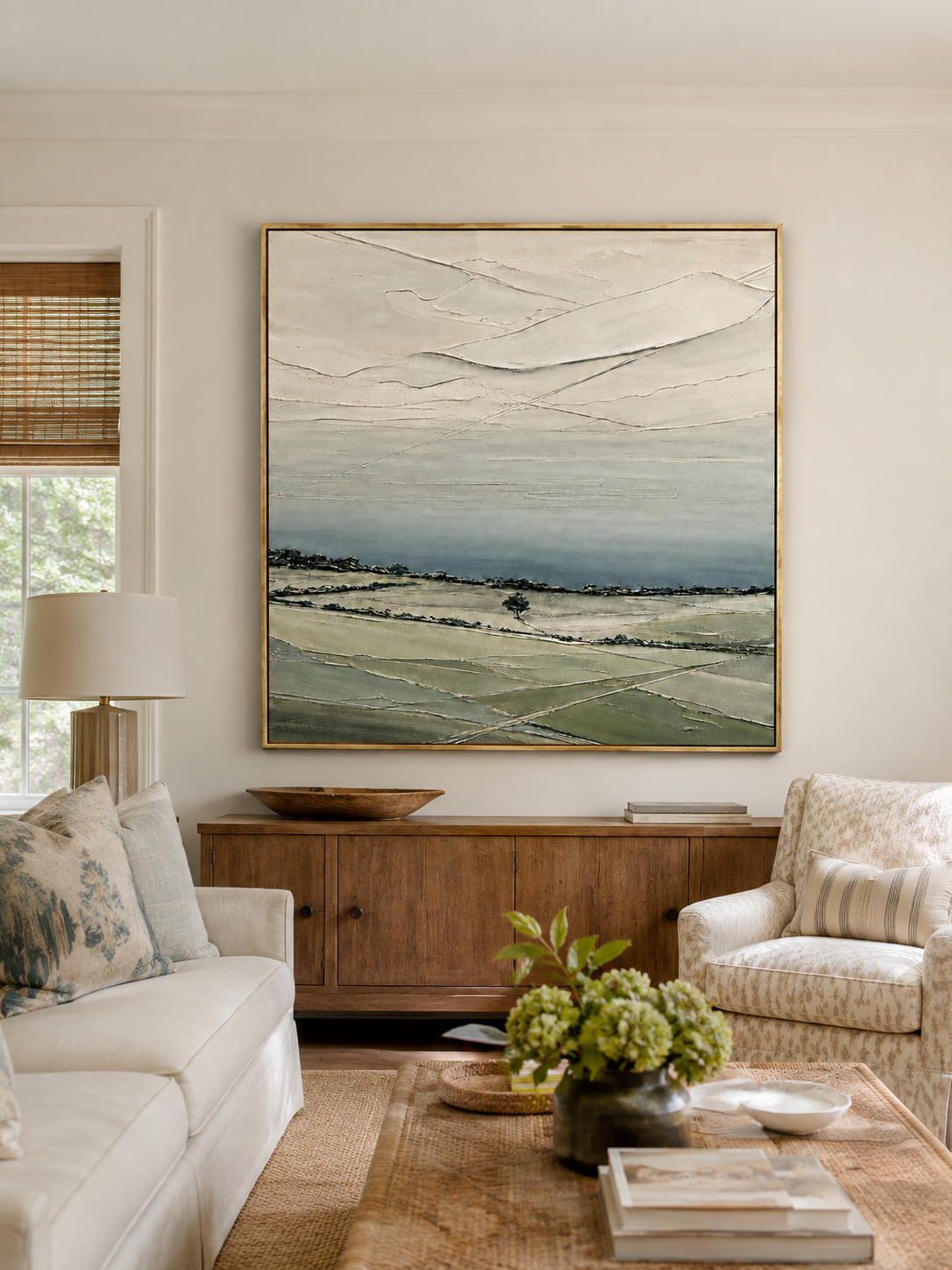 Sage green textured landscape painting by Evelyn Li displayed above a neutral sofa in an organic modern living room