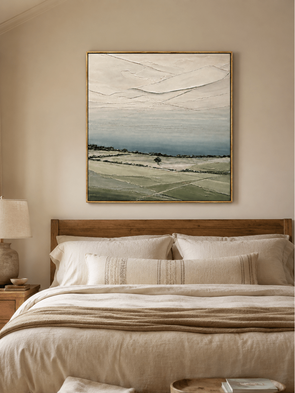 Minimalist neutral countryside wall art displayed above the bed in a calm modern bedroom with natural decor